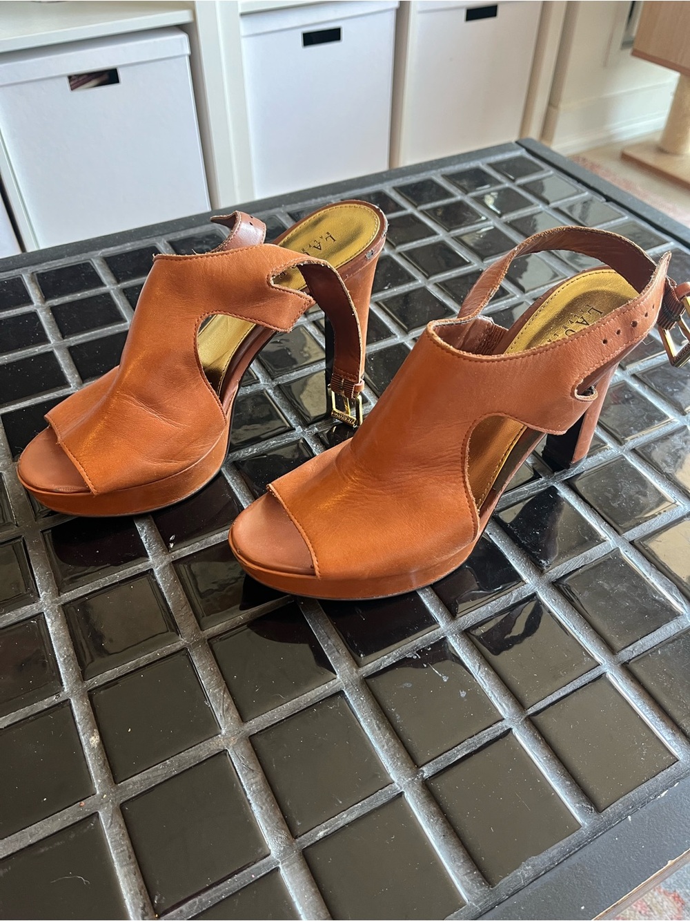 Ralph Lauren Brown Leather Open-Toe Slingback Heels